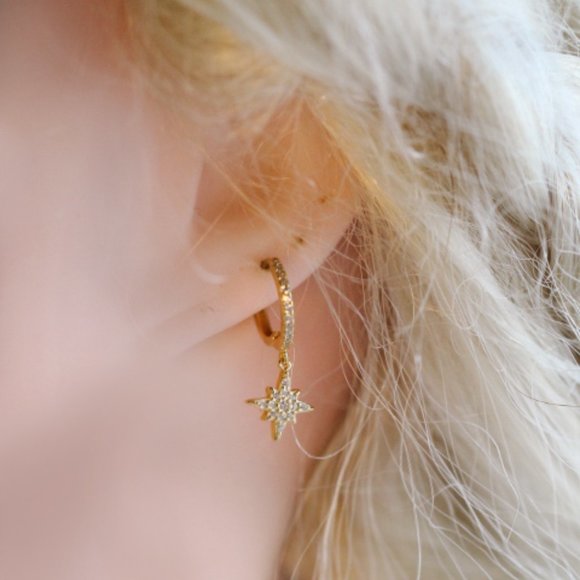 Gold Vermeil Crescent Moon Star Earrings Zodiac Asymmetric Hoop Huggie Earrings - Picture 2 of 5